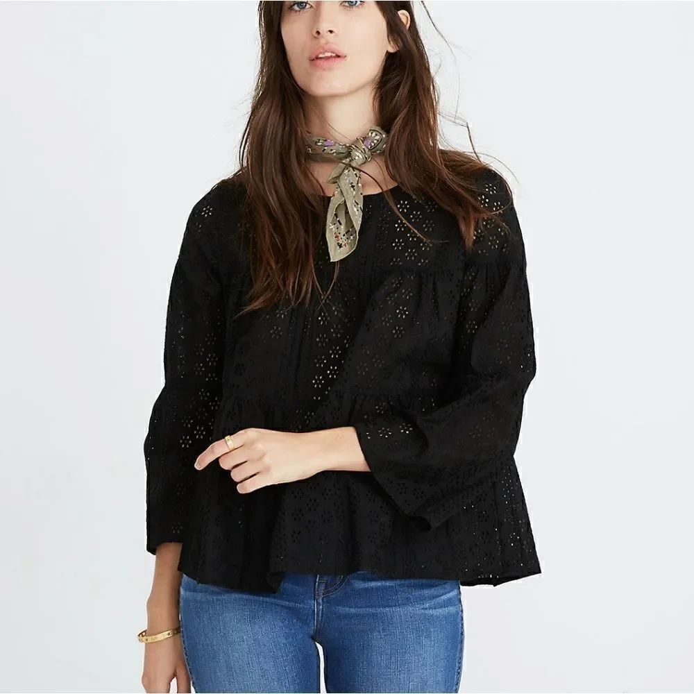 Madewell Eyelet Tiered Button-Back Top Black Size XS Boho